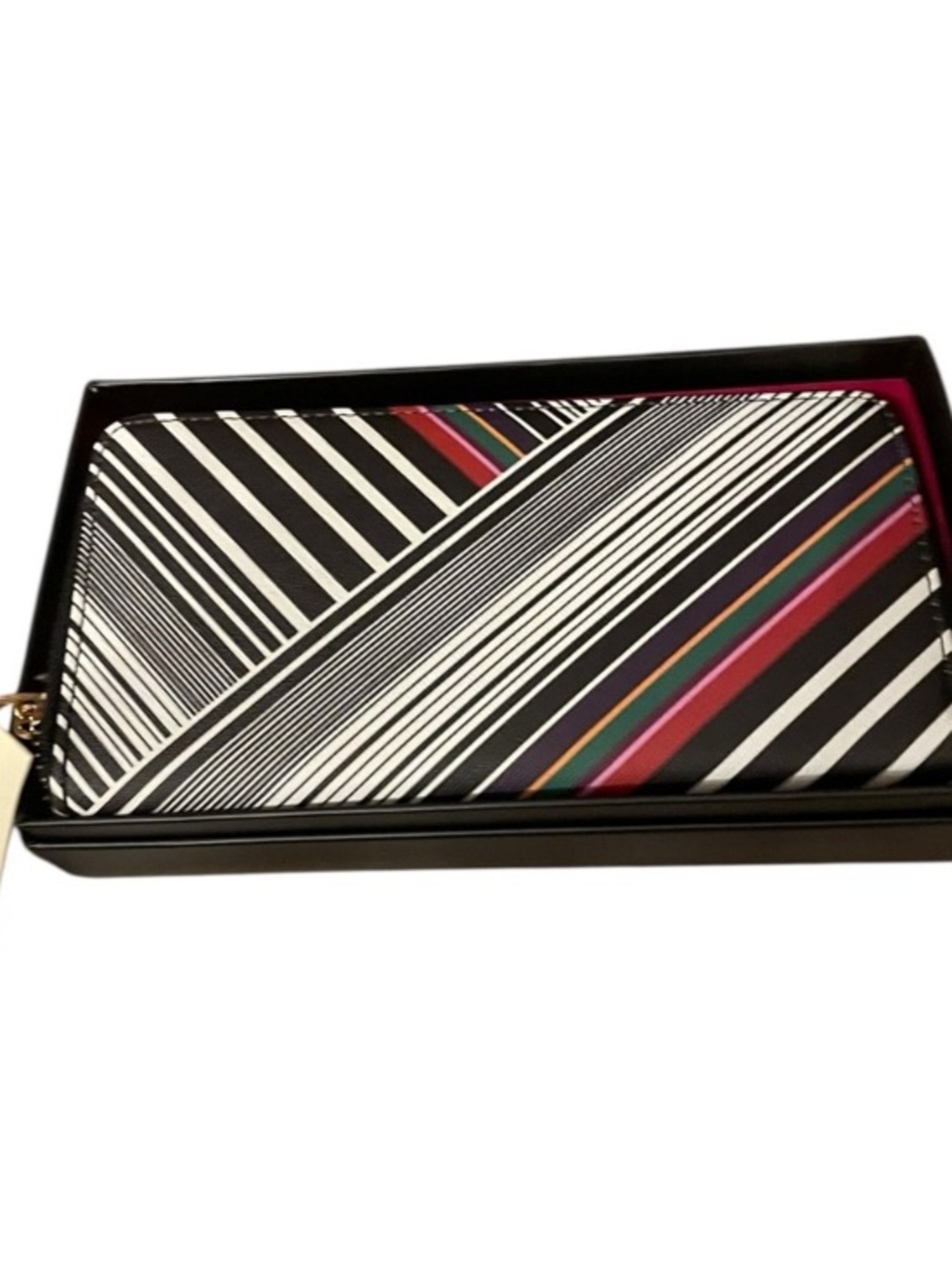 Trina Turk Black and White Striped Zip Wallet with Multicolor Accent
